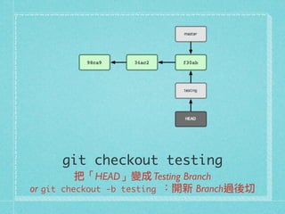 git checkout testing
把「HEAD」變成Testing Branch
or git checkout -b testing ：開新 Branch過後切
 