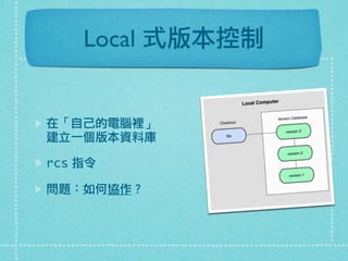 Local 式版本控制
在「自己的電腦裡」
建立一個版本資料庫
rcs 指令
問題：如何協作？
 