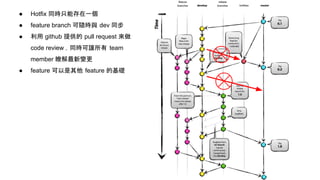 ● Hotfix 同時只能存在一個
● feature branch 可隨時與 dev 同步
● 利用 github 提供的 pull request 來做
code review ，同時可讓所有 team
member 瞭解最新變更
● feature 可以是其他 feature 的基礎
 