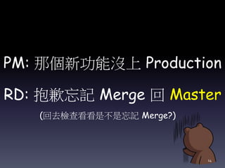 PM: 那個新功能沒上 Production
RD: 抱歉忘記 Merge 回 Master
(回去檢查看看是不是忘記 Merge?)
14
 