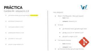 PRÁCTICA
Cambio #4 - release/v1.2.0
● git checkout develop | git pull origin develop | revisar git graph
● git checkout -b release/v1.2.0
● touch ajustes-release-v1-2-0.txt
● git add ajustes-release-v1-2-0.txt
● git commit -m "último ajuste"
● git push -u origin release/v1.2.0
PULL REQUEST
● Menú > Pull Requests > New pull request
○ base: main
○ compare: release/v1.2.0
● En local
● git checkout main | git pull origin main
● git tag -a v1.2.0 -m "version 1.2.0"
● git push -u origin v1.2.0
● Pull request a develop
○ base: develop
○ compare: main
● git checkout develop | git pull origin develop
 