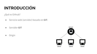 INTRODUCCIÓN
¿Qué es Github?
● Servicio web (servidor) basado en GIT.
● Servidor GIT
● Origin
 
