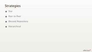 Strategies
• Star
• Peer to Peer
• Blessed Repository
• Hierarchical
 
