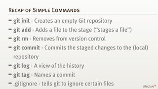 Recap of Simple Commands
➡ git init -   Creates an empty Git repository
➡ git add -    Adds a file to the stage (“stages a...