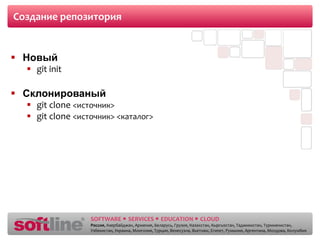 Создание репозитория Новый git init Склонированый git clone  < источник > git clone  < источник > < каталог > 