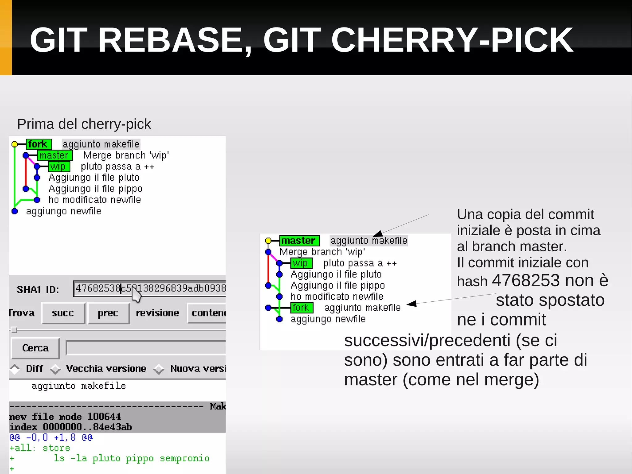 GIT REBASE, GIT CHERRY-PICK

Prima del cherry-pick




                                      Una copia del commit
                                      iniziale è posta in cima
                                      al branch master.
                                      Il commit iniziale con
                                      hash 4768253 non è
                                            stato spostato
                                      ne i commit
                        successivi/precedenti (se ci
                        sono) sono entrati a far parte di
                        master (come nel merge)
 