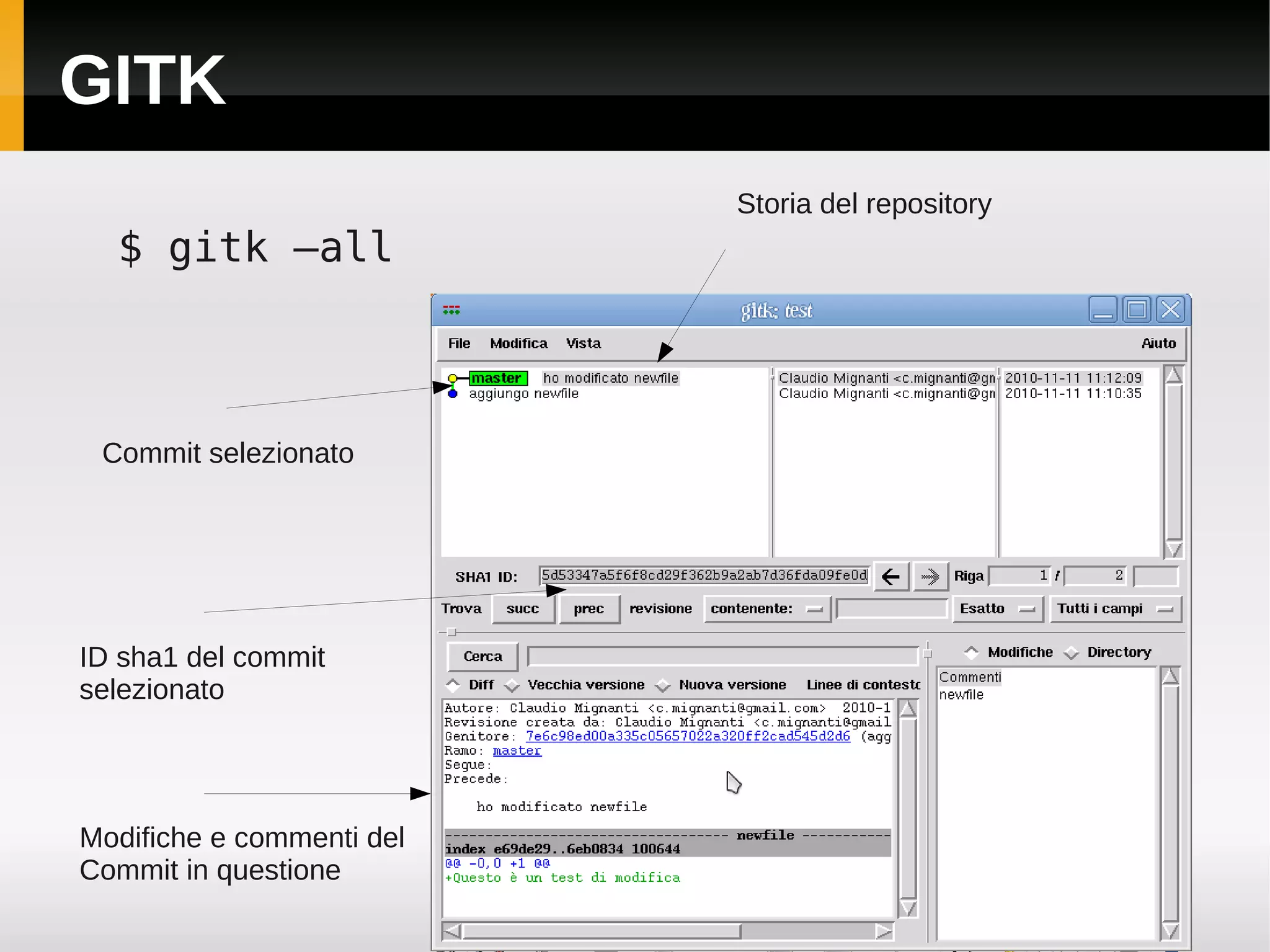 GITK
                           Storia del repository
  $ gitk –all



 Commit selezionato




ID sha1 del commit
selezionato




Modifiche e commenti del
Commit in questione
 