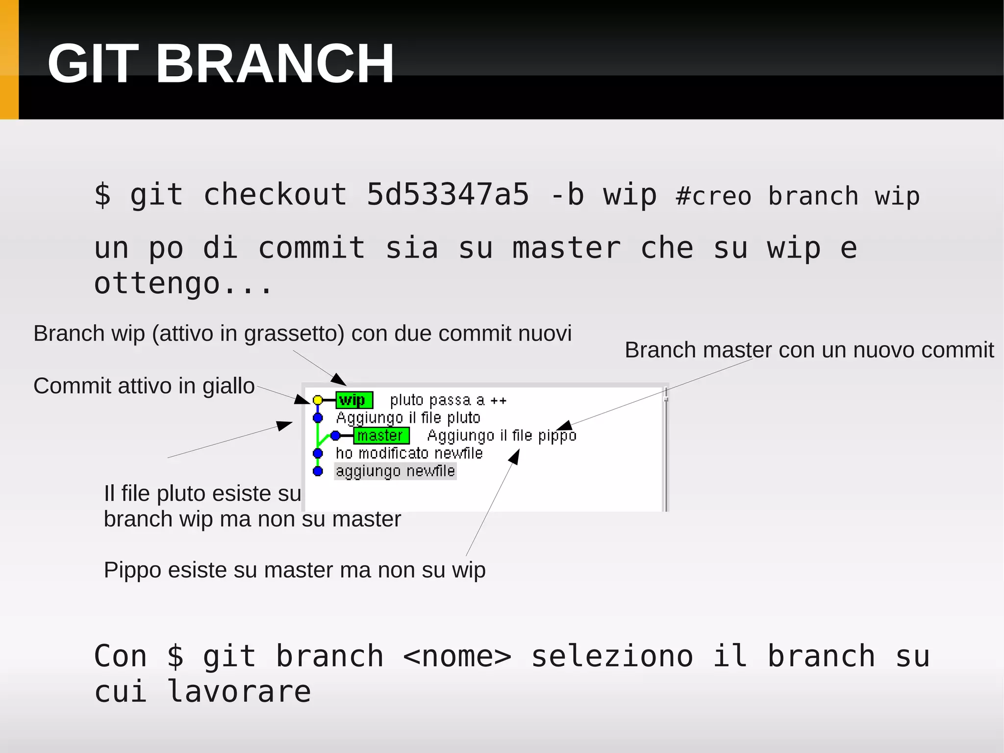 GIT BRANCH

      $ git checkout 5d53347a5 -b wip #creo branch wip
      un po di commit sia su master che su wip e
      ottengo...
Branch wip (attivo in grassetto) con due commit nuovi
                                                        Branch master con un nuovo commit
Commit attivo in giallo



       Il file pluto esiste su
       branch wip ma non su master

       Pippo esiste su master ma non su wip


      Con $ git branch <nome> seleziono il branch su
      cui lavorare
 