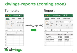 xlwings-reports (coming soon)
10
Template Report
create_report()
 