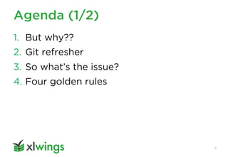 Agenda (1/2)
2
1. But why??
2. Git refresher
3. So what’s the issue?
4. Four golden rules
 