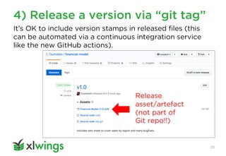 4) Release a version via “git tag”
25
Release
asset/artefact
(not part of
Git repo!!)
It’s OK to include version stamps in released files (this
can be automated via a continuous integration service
like the new GitHub actions).
 