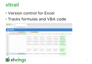 xltrail
7
• Version control for Excel
• Tracks formulas and VBA code
 