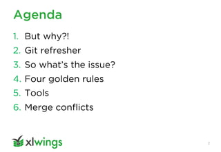 Agenda
2
1. But why?!
2. Git refresher
3. So what’s the issue?
4. Four golden rules
5. Tools
6. Merge conflicts
 