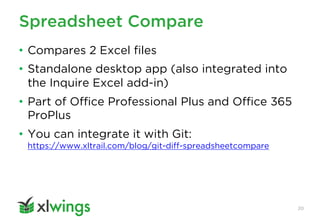 Spreadsheet Compare
20
• Compares 2 Excel files
• Standalone desktop app (also integrated into
the Inquire Excel add-in)
• Part of Office Professional Plus and Office 365
ProPlus
• You can integrate it with Git:
https://www.xltrail.com/blog/git-diff-spreadsheetcompare
 