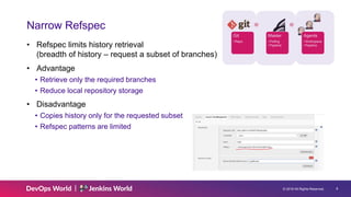 © 2019 All Rights Reserved. 8
Narrow Refspec
• Refspec limits history retrieval
(breadth of history – request a subset of branches)
• Advantage
• Retrieve only the required branches
• Reduce local repository storage
• Disadvantage
• Copies history only for the requested subset
• Refspec patterns are limited
Git
• Repo
Master
• Polling
• Pipeline
Agents
• Workspace
• Pipeline
 