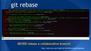 git rebase
http://git-scm.com/book/en/Git-Branching-Rebasing
NEVER rebase a collaborative branch!
 