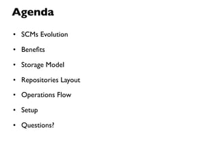 Agenda
• SCMs Evolution

• Beneﬁts

• Storage Model

• Repositories Layout

• Operations Flow

• Setup

• Questions?
 