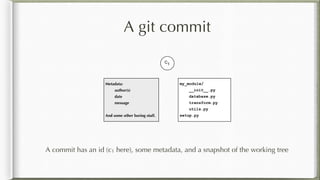 A git commit
A commit has an id (c1 here), some metadata, and a snapshot of the working tree
C1
my_module/
__init__.py
database.py
transform.py
utils.py
setup.py
Metadata:
author(s)
date
message
And some other boring stuff.
 
