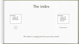 The index
The index is a staging area for your next commit
C1
my_module/
__init__.py
database.py
transform.py
my_module/
__init__.py
database.py
transform.py
utils.py
Working tree
 