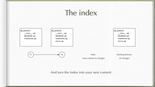 The index
And turn the index into your next commit
C1
my_module/
__init__.py
database.py
transform.py
my_module/
__init__.py
database.py
transform.py
utils.py
Working tree
my_module/
__init__.py
database.py
transform.py
utils.py
C2 Index
(now contains no changes) (no changes)
 