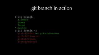 git branch in action
$ git branch
flowers
foxes
fungi
* master
$ git branch -r
github/HEAD -> github/master
github/flowers
github/foxes
github/master
 