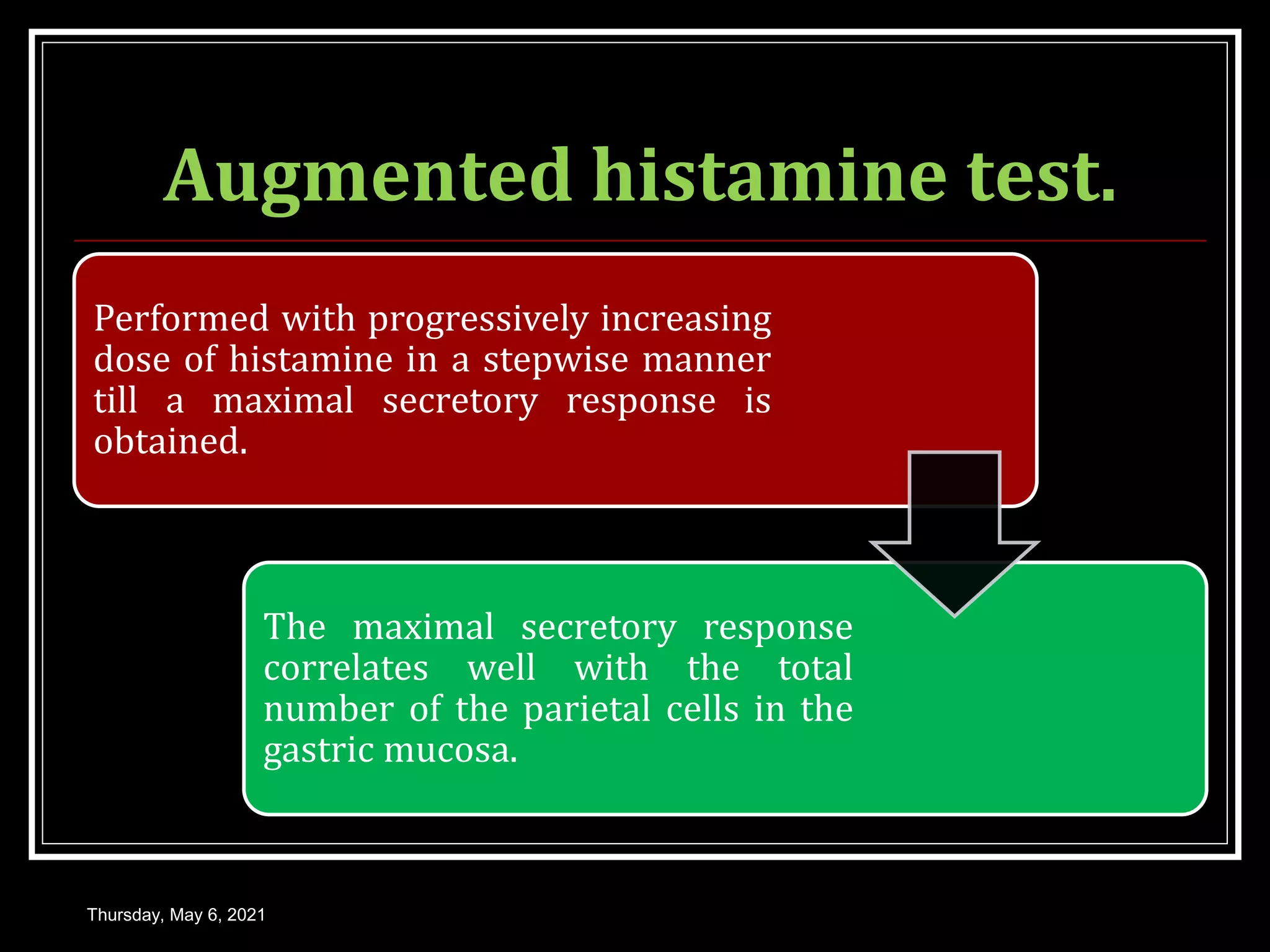 Augmented histamine test.
Performed with progressively increasing
dose of histamine in a stepwise manner
till a maximal secretory response is
obtained.
The maximal secretory response
correlates well with the total
number of the parietal cells in the
gastric mucosa.
Thursday, May 6, 2021
 