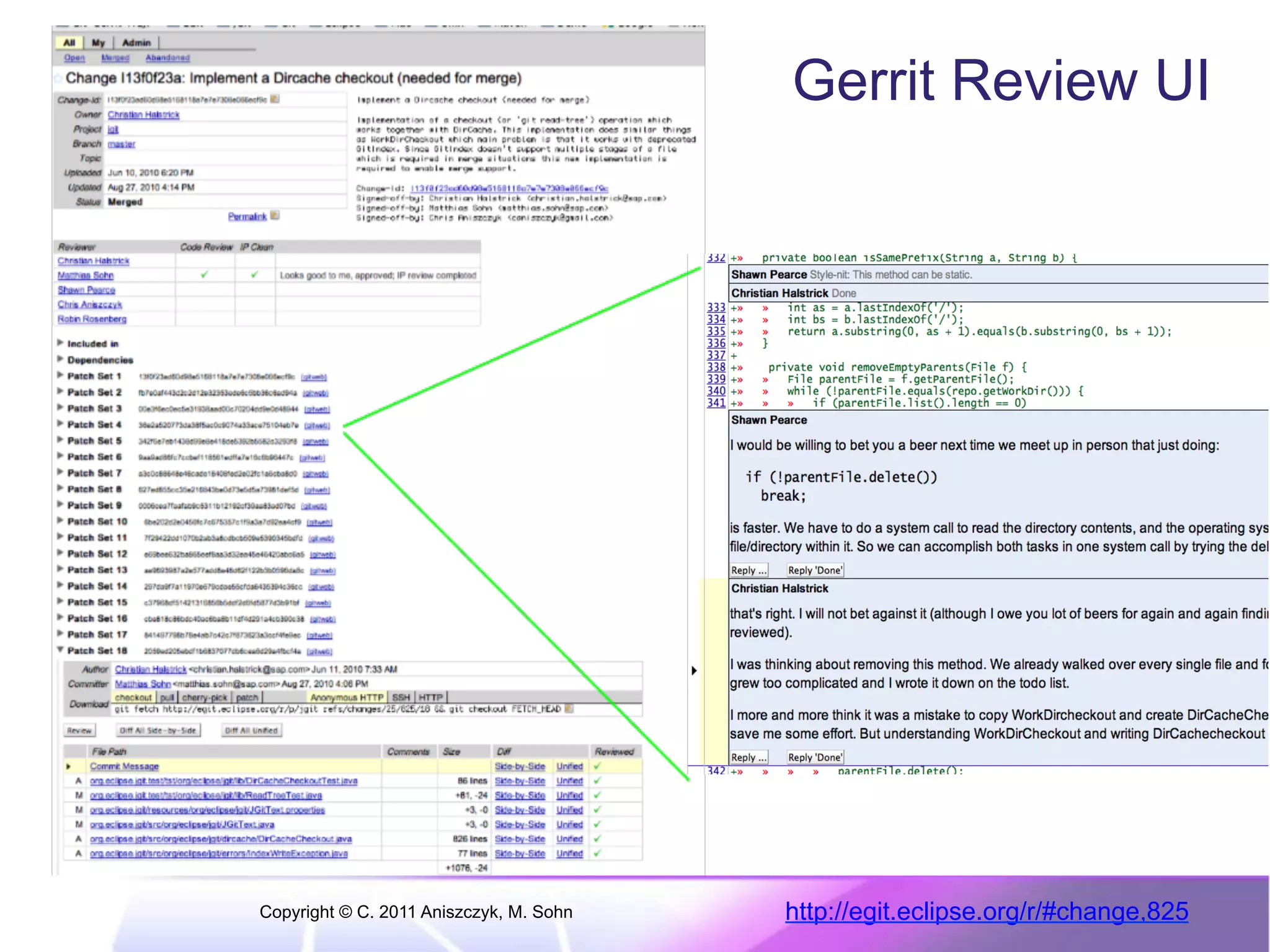 Gerrit Review UI Copyright © C. 2011 Aniszczyk, M. Sohn http://egit.eclipse.org/r/#change,825 