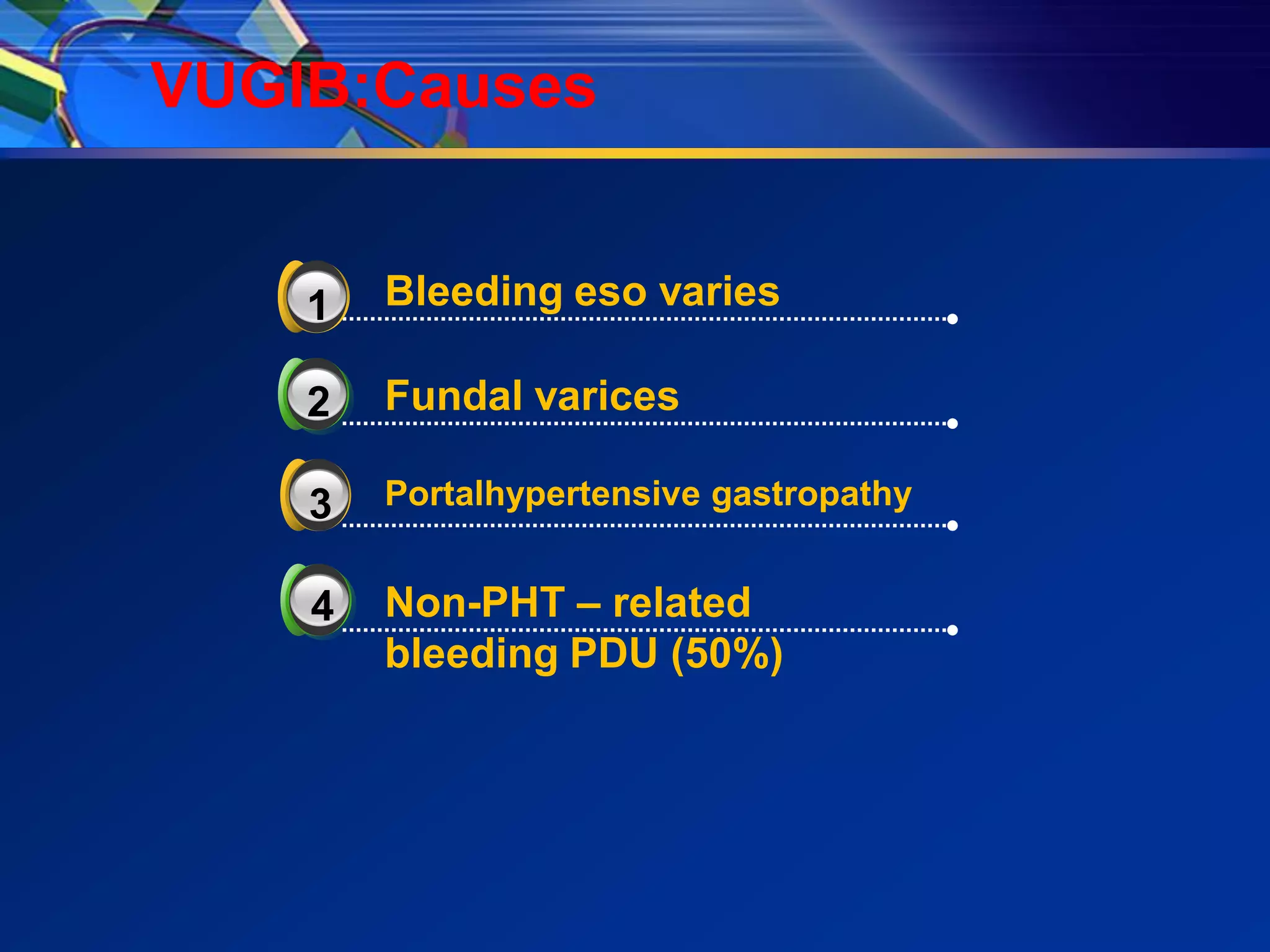 VUGIB:Causes


    3
    1   Bleeding eso varies

    2   Fundal varices

    3   Portalhypertensive gastropathy


    4   Non-PHT – related
        bleeding PDU (50%)
 