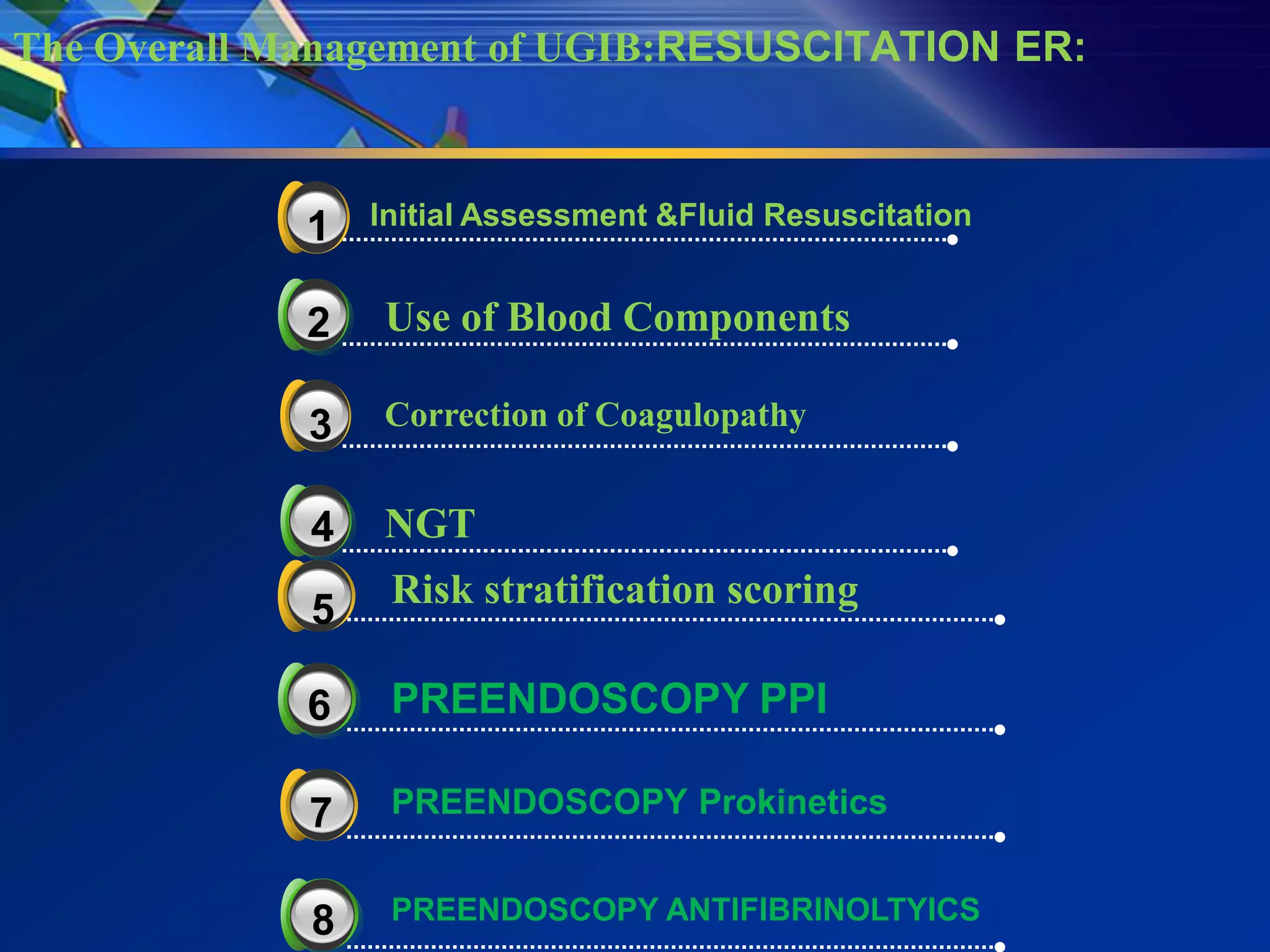 The Overall Management of UGIB:RESUSCITATION ER:



             3
             1   Initial Assessment &Fluid Resuscitation


             2   Use of Blood Components

             3   Correction of Coagulopathy


             4   NGT
             3
             5    Risk stratification scoring

             6    PREENDOSCOPY PPI

             3
             7    PREENDOSCOPY Prokinetics


             8    PREENDOSCOPY ANTIFIBRINOLTYICS
 