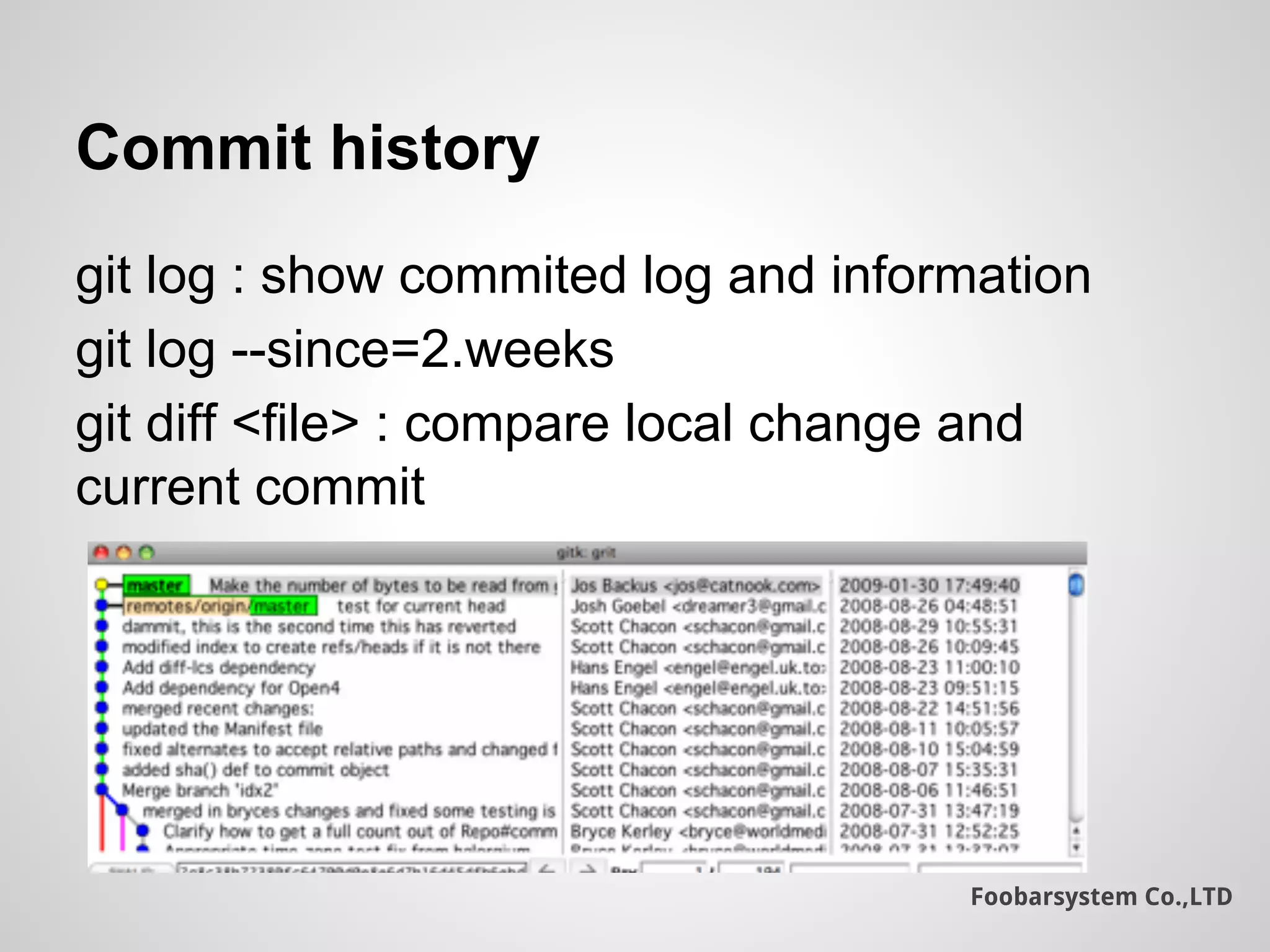 Foobarsystem Co.,LTD
Commit history
git log : show commited log and information
git log --since=2.weeks
git diff <file> : compare local change and
current commit
 