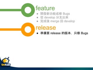 feature
 _l¹ܻ Bugs
  develop ֧
  merge  develop
release
 ʂҪ release İ汾ֻ Bugs
 