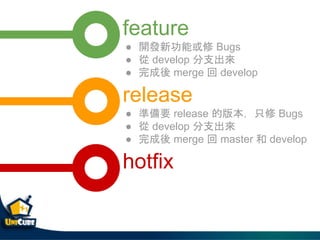 feature
 _l¹ܻ Bugs
  develop ֧
  merge  develop
release
 ʂҪ release İ汾ֻ Bugs
  develop ֧
  merge  master  develop
hotfix
 