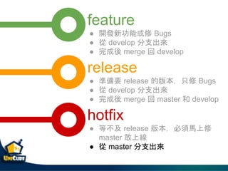 feature
 _l¹ܻ Bugs
  develop ֧
  merge  develop
release
 ʂҪ release İ汾ֻ Bugs
  develop ֧
  merge  master  develop
hotfix
 Ȳ release 汾R
master Ͼ
  master ֧
 