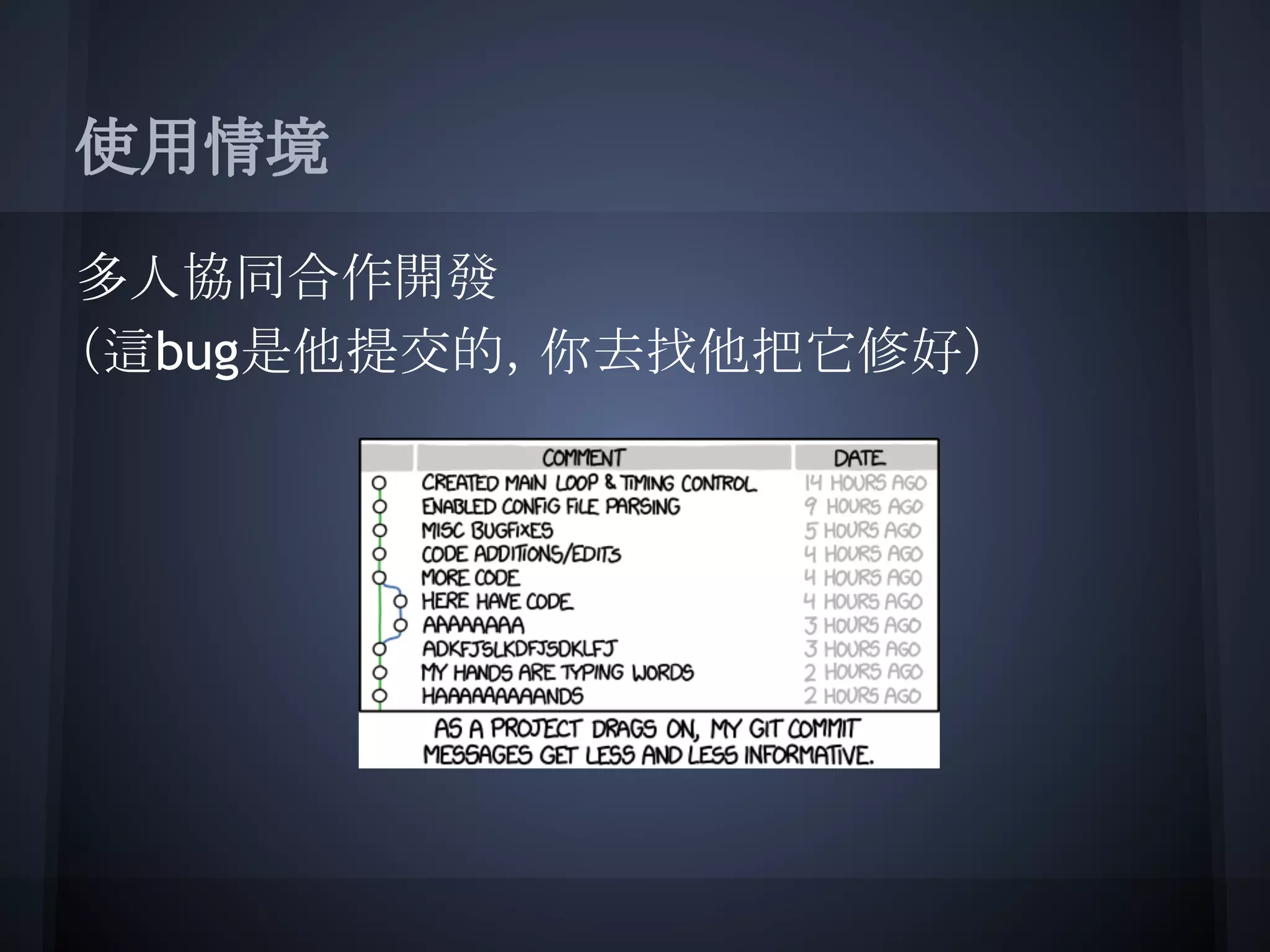 使用情境
多人協同合作開發
（這bug是他提交的，你去找他把它修好）
 