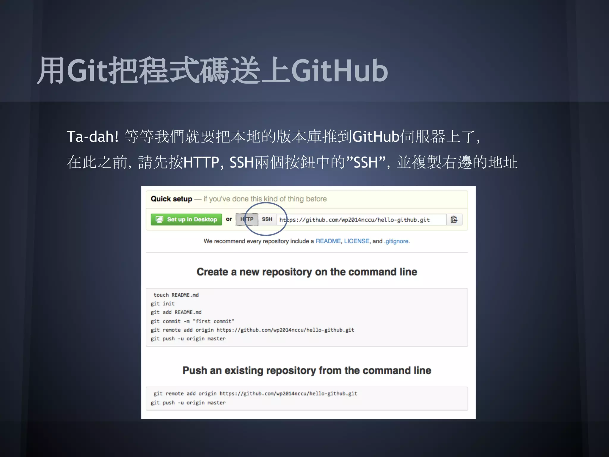 用Git把程式碼送上GitHub
Ta-dah! 等等我們就要把本地的版本庫推到GitHub伺服器上了，
在此之前，請先按HTTP, SSH兩個按鈕中的”SSH”，並複製右邊的地址
 