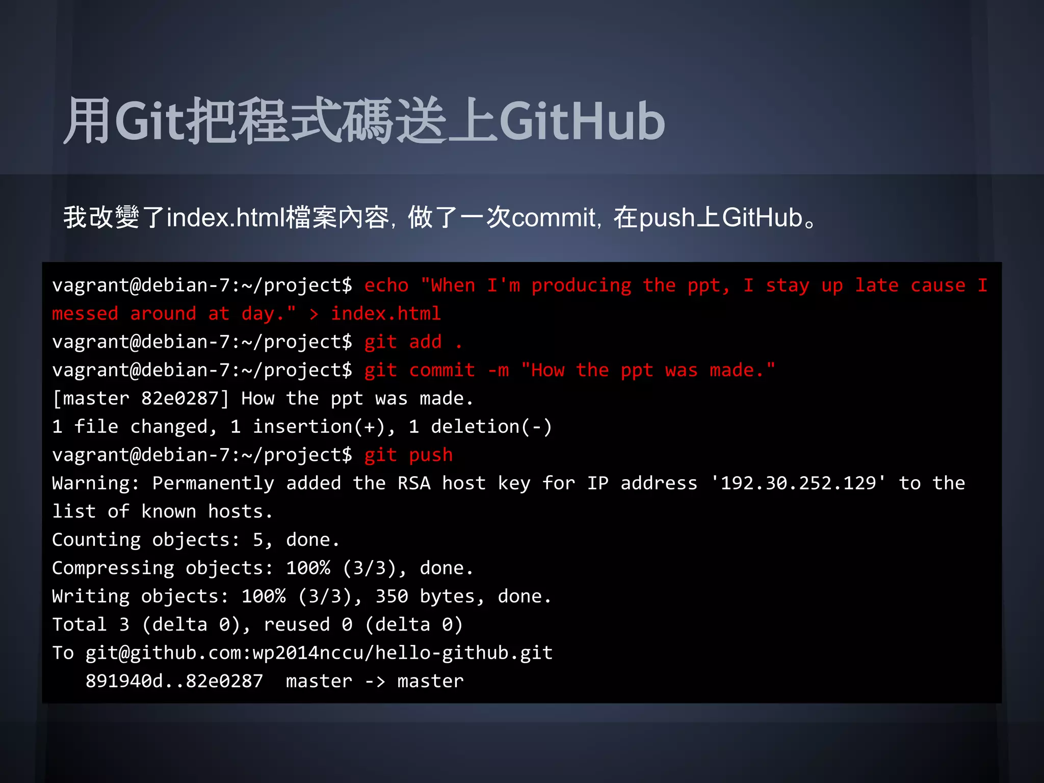 用Git把程式碼送上GitHub
我改變了index.html檔案內容，做了一次commit，在push上GitHub。
vagrant@debian-7:~/project$ echo "When I'm producing the ppt, I stay up late cause I
messed around at day." > index.html
vagrant@debian-7:~/project$ git add .
vagrant@debian-7:~/project$ git commit -m "How the ppt was made."
[master 82e0287] How the ppt was made.
1 file changed, 1 insertion(+), 1 deletion(-)
vagrant@debian-7:~/project$ git push
Warning: Permanently added the RSA host key for IP address '192.30.252.129' to the
list of known hosts.
Counting objects: 5, done.
Compressing objects: 100% (3/3), done.
Writing objects: 100% (3/3), 350 bytes, done.
Total 3 (delta 0), reused 0 (delta 0)
To git@github.com:wp2014nccu/hello-github.git
891940d..82e0287 master -> master
 