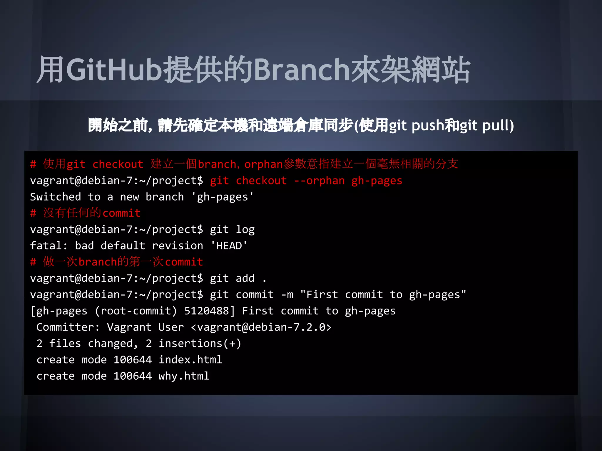 用GitHub提供的Branch來架網站
開始之前，請先確定本機和遠端倉庫同步(使用git push和git pull)
# 使用git checkout 建立一個branch，orphan參數意指建立一個毫無相關的分支
vagrant@debian-7:~/project$ git checkout --orphan gh-pages
Switched to a new branch 'gh-pages'
# 沒有任何的commit
vagrant@debian-7:~/project$ git log
fatal: bad default revision 'HEAD'
# 做一次branch的第一次commit
vagrant@debian-7:~/project$ git add .
vagrant@debian-7:~/project$ git commit -m "First commit to gh-pages"
[gh-pages (root-commit) 5120488] First commit to gh-pages
Committer: Vagrant User <vagrant@debian-7.2.0>
2 files changed, 2 insertions(+)
create mode 100644 index.html
create mode 100644 why.html
 