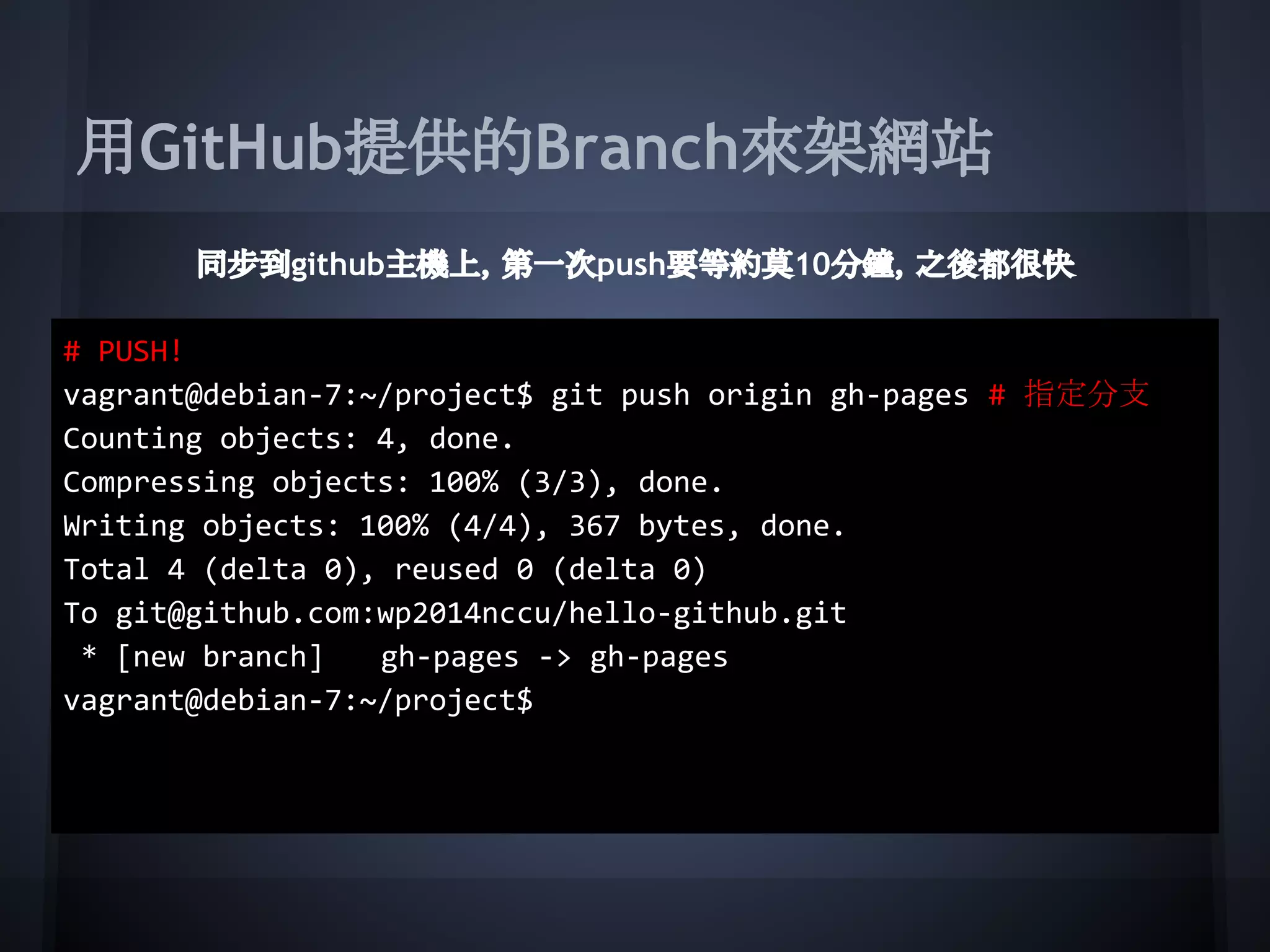 用GitHub提供的Branch來架網站
同步到github主機上，第一次push要等約莫10分鐘，之後都很快
# PUSH!
vagrant@debian-7:~/project$ git push origin gh-pages # 指定分支
Counting objects: 4, done.
Compressing objects: 100% (3/3), done.
Writing objects: 100% (4/4), 367 bytes, done.
Total 4 (delta 0), reused 0 (delta 0)
To git@github.com:wp2014nccu/hello-github.git
* [new branch] gh-pages -> gh-pages
vagrant@debian-7:~/project$
 