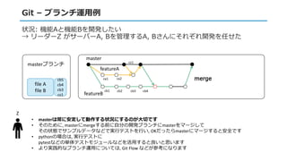 Git – ブランチ運用例
状況: 機能Aと機能Bを開発したい
→ リーダーZ がサーバーA, Bを管理するA, Bさんにそれぞれ開発を任せた
Z
master
featureA
featureB
ca1 ca2
cb2cb1 cb3
cz1
cb4
• masterは常に安定して動作する状況にするのが大切です
• そのために, masterにmergeする前に自分の開発ブランチにmasterをマージして
その状態でサンプルデータなどで実行テストを行い, OKだったらmasterにマージすると安全です
• pythonの場合は, 実行テストに
pytestなどの単体テストモジュールなどを活用すると良いと思います
• より実践的なブランチ運用については, Git Flow などが参考になります
merge
file A
file B
masterブランチ
cb5
cb4
cb3
cz1
 