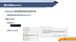 建立本機Repository
50
▰Repository像是整個版控的資料庫
▻要開始使用git要先建立Repository
▰建立方式
▻使用指令
▻使用TortoiseGit
git init
 