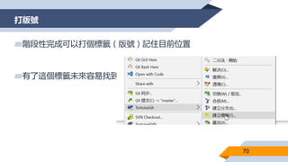 打版號
70
▰階段性完成可以打個標籤（版號）記住目前位置
▰有了這個標籤未來容易找到
 