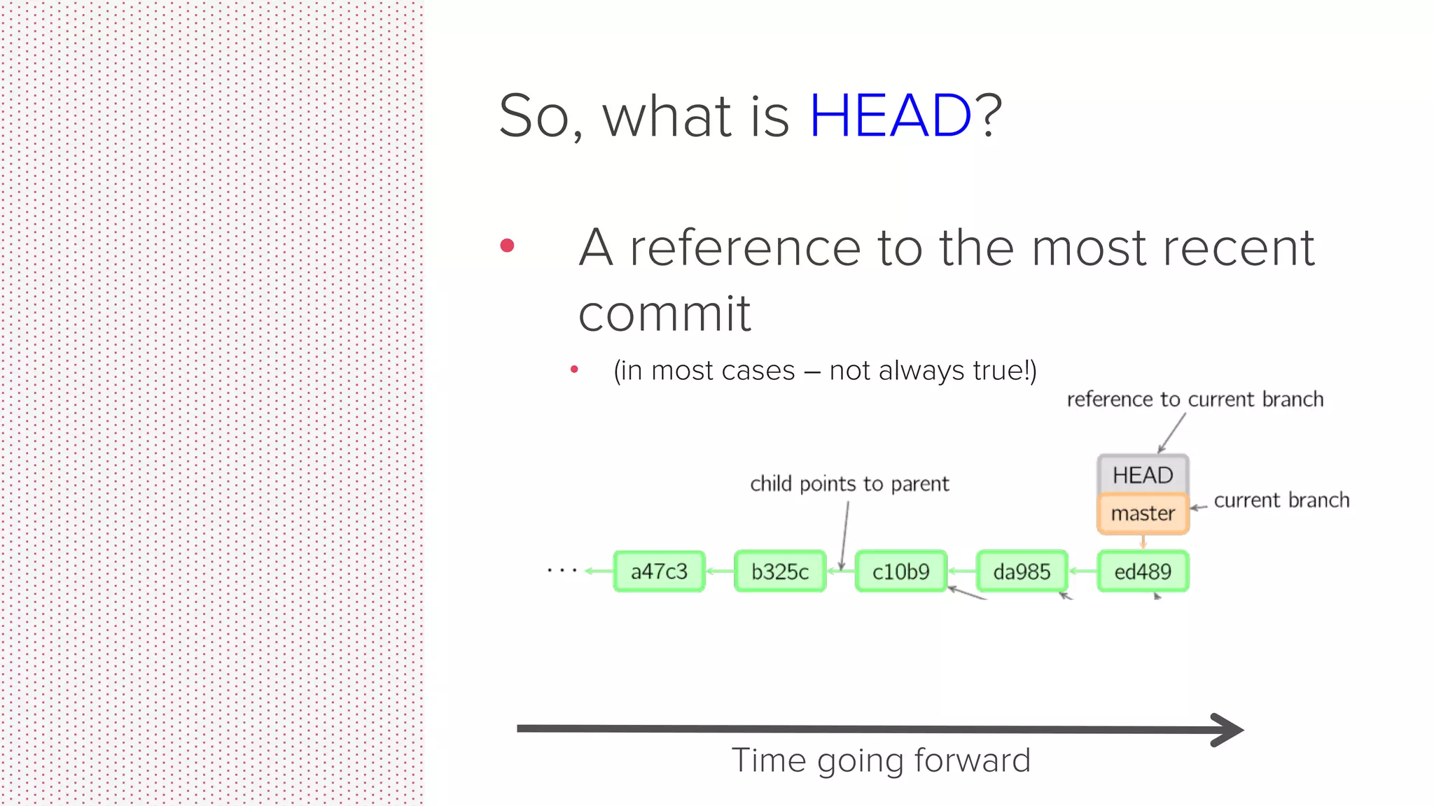 So, what is HEAD? •  A reference to the most recent commit Time going forward 