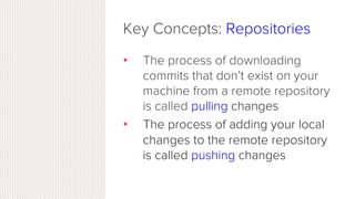 Key Concepts: Repositories
•  Can live on a local machine or
on a remote server (GitHub!)
•  The act of copying a repository
from a remote server is called
cloning
•  Cloning from a remote server
allows teams to work together
 