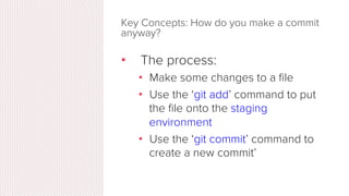 Key Concepts: How do you make a commit
anyway?
•  There are a lot of ‘states’ and ‘places’
a ﬁle can be
•  Local on your computer: the ‘working
directory’
•  When a ﬁle is ready to be put in a
commit you add it onto the ‘index’ or
‘staging’
•  Staging is the new preferred term – but
you can see both ‘index’ and ‘staging’
being used
 