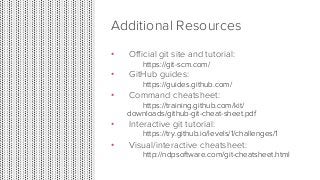 Additional Resources
•  Oﬃcial git site and tutorial:
https://git-scm.com/
•  GitHub guides:
https://guides.github.com/
•  Command cheatsheet:
https://training.github.com/kit/
downloads/github-git-cheat-sheet.pdf
•  Interactive git tutorial:
https://try.github.io/levels/1/challenges/1
•  Visual/interactive cheatsheet:
http://ndpsoftware.com/git-cheatsheet.html
 