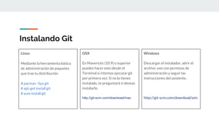 Instalando Git
Linux
Mediante la herramienta básica
de administración de paquetes
que trae tu distribución
# pacman -Syu git
# apt-get install git
# yum install git
OSX
En Mavericks (10.9) o superior
puedes hacer esto desde el
Terminal si intentas ejecutar git
por primera vez. Si no lo tienes
instalado, te preguntará si deseas
instalarlo.
http://git-scm.com/download/mac
Windows
Descargar el instalador, abrir el
archivo .exe con permisos de
administración y seguir las
instrucciones del asistente.
http://git-scm.com/download/win
 