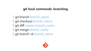 $ git branch branch_name
$ git checkout branch_name
$ git diff master branch_name
$ git merge branch_name
$ git branch -d branch_name
git local commands: branching
 