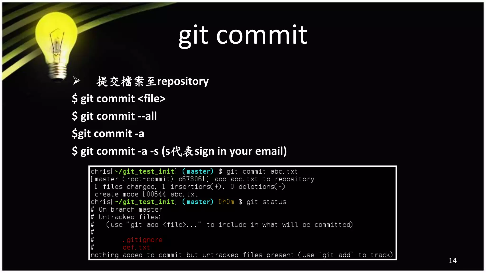 git commit
14
 提交檔案至repository
$ git commit <file>
$ git commit --all
$git commit -a
$ git commit -a -s (s代表sign in your email)
 