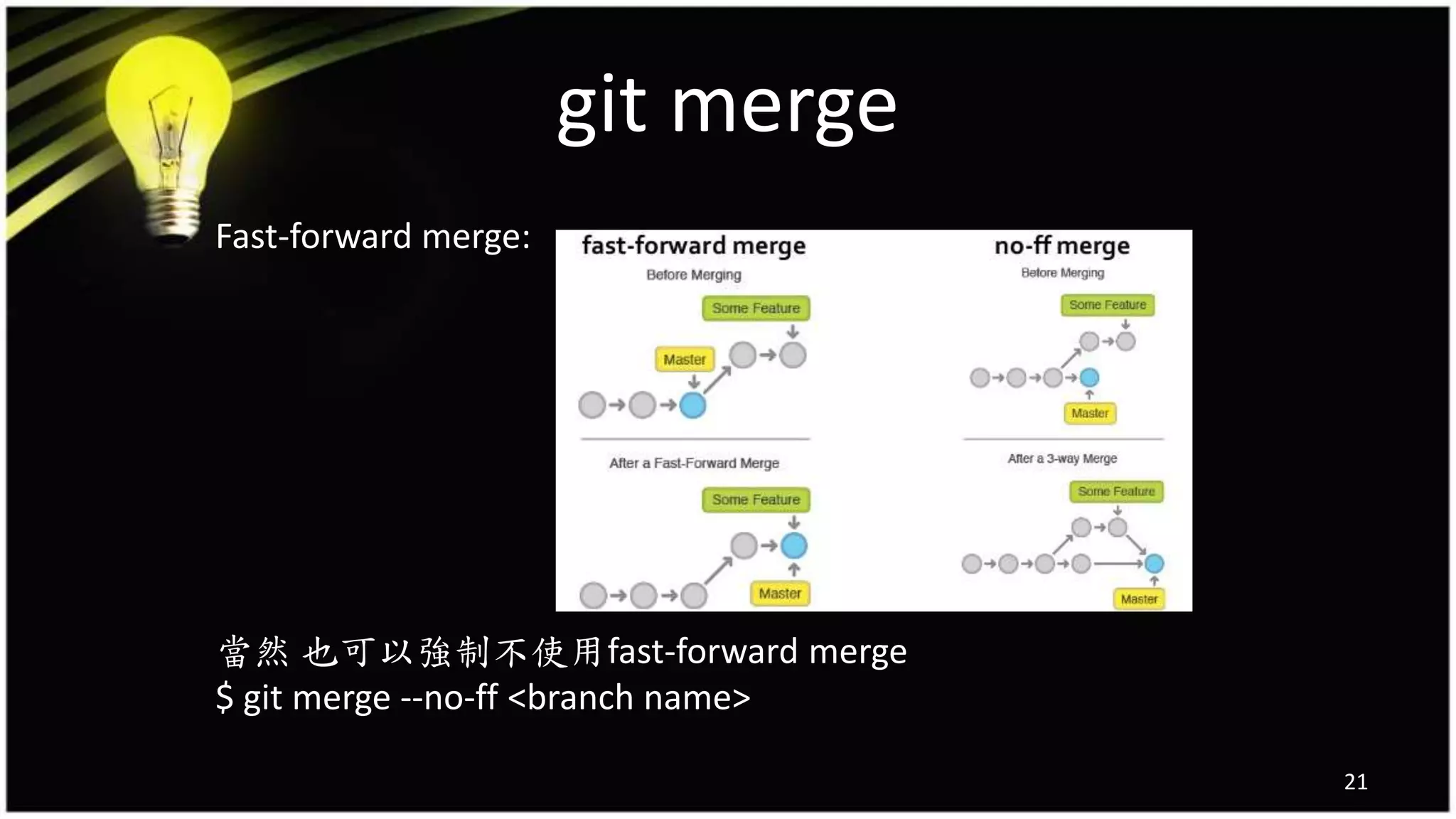 git merge
Fast-forward merge:
當然 也可以強制不使用fast-forward merge
$ git merge --no-ff <branch name>
21
 