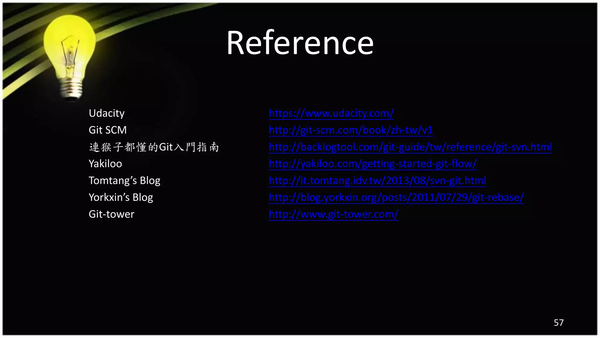 Reference
Udacity https://www.udacity.com/
Git SCM http://git-scm.com/book/zh-tw/v1
連猴子都懂的Git入門指南 http://backlogtool.com/git-guide/tw/reference/git-svn.html
Yakiloo http://yakiloo.com/getting-started-git-flow/
Tomtang’s Blog http://it.tomtang.idv.tw/2013/08/svn-git.html
Yorkxin’s Blog http://blog.yorkxin.org/posts/2011/07/29/git-rebase/
Git-tower http://www.git-tower.com/
57
 